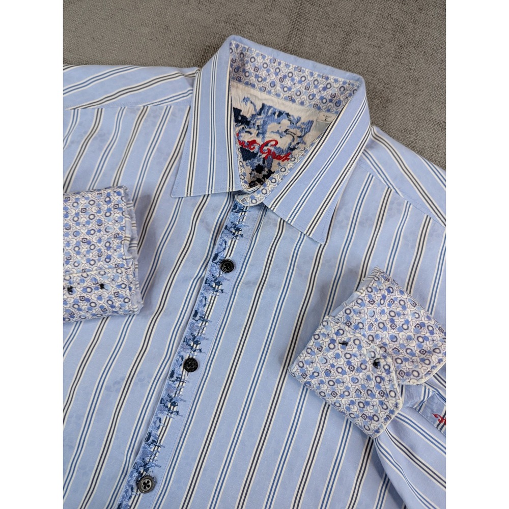 Robert Graham Shirt Men L Blue Striped Paisley Jacquard Classic Button Flip Cuff